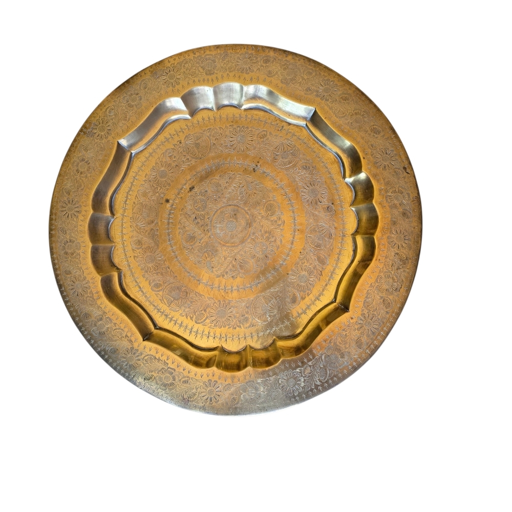 Engraved Middle Eastern‎ Antique Brass Moroccan Tray Plate 19" VTG